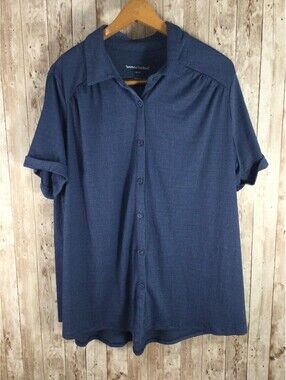 Woman Within Plus Top L 18/20 Blue Button Down Textured Short Sleeve Easy Care